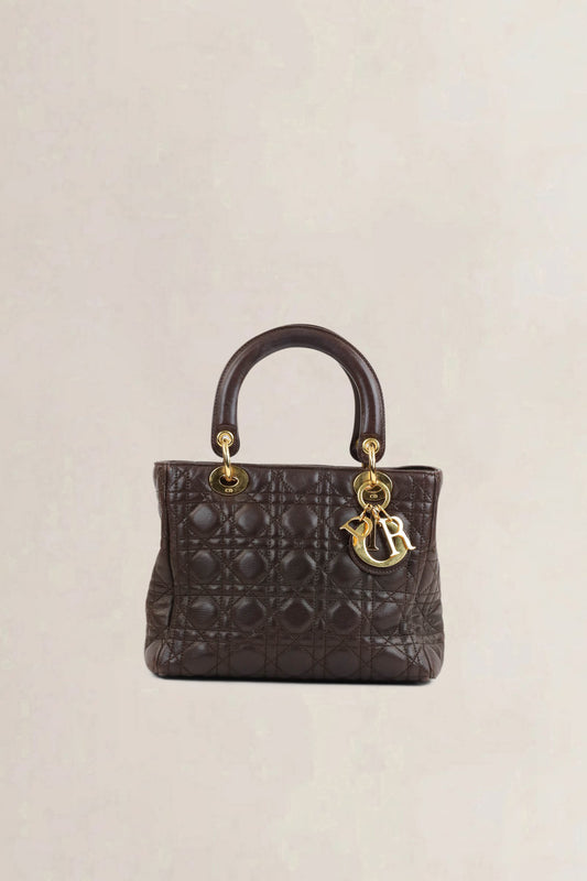Christian Dior Brown Lady Dior Top Handle Bag
