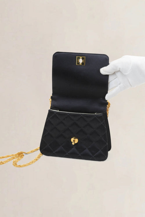 Chanel 1997 - 1999 Black Quilted Satin Evening Crossbody Bag