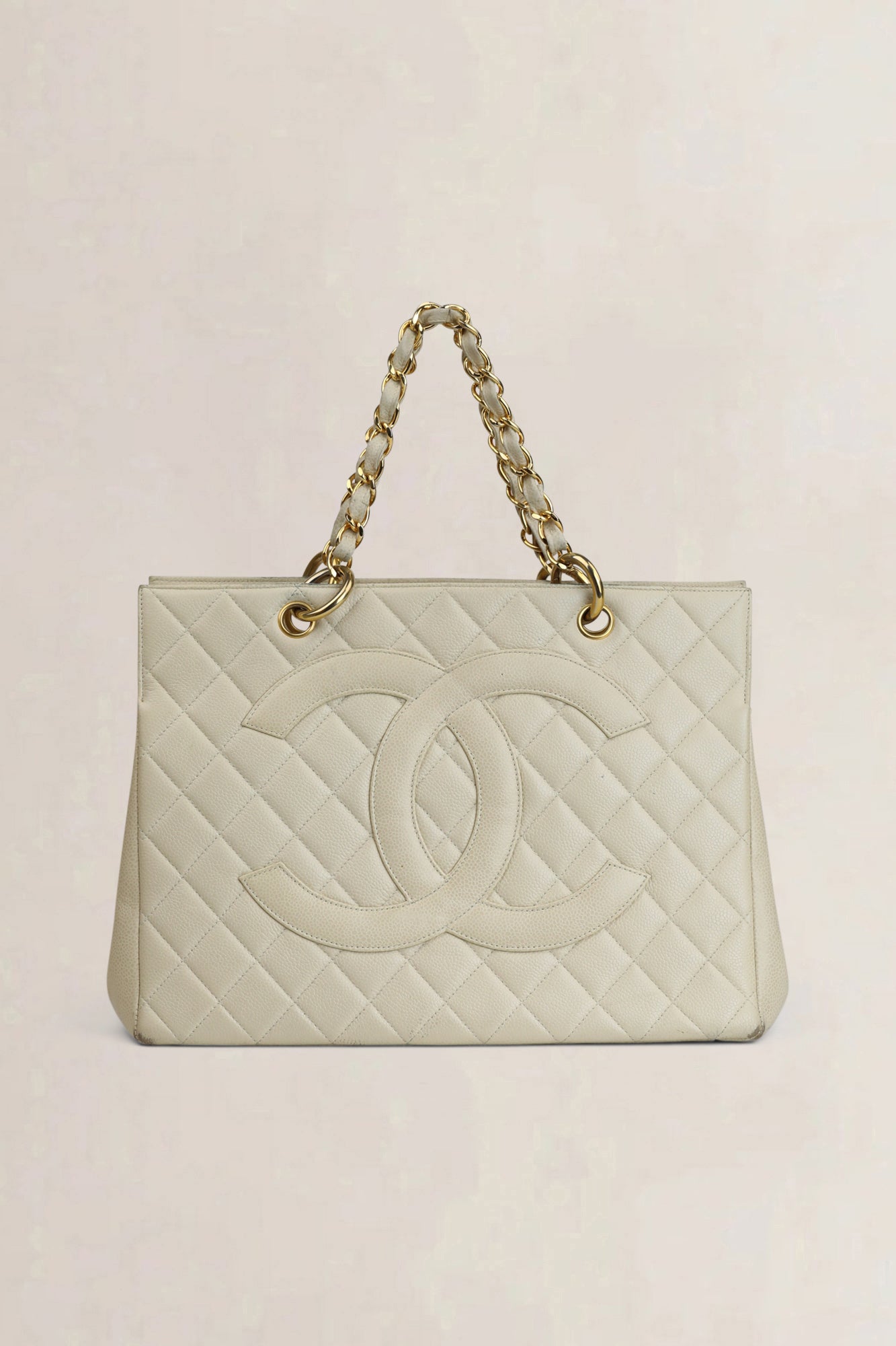 Chanel Cream Quilted Caviar Leather Shopping Tote Bag