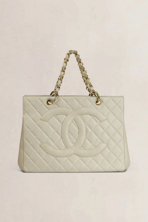 Chanel Cream Quilted Caviar Leather Shopping Tote Bag