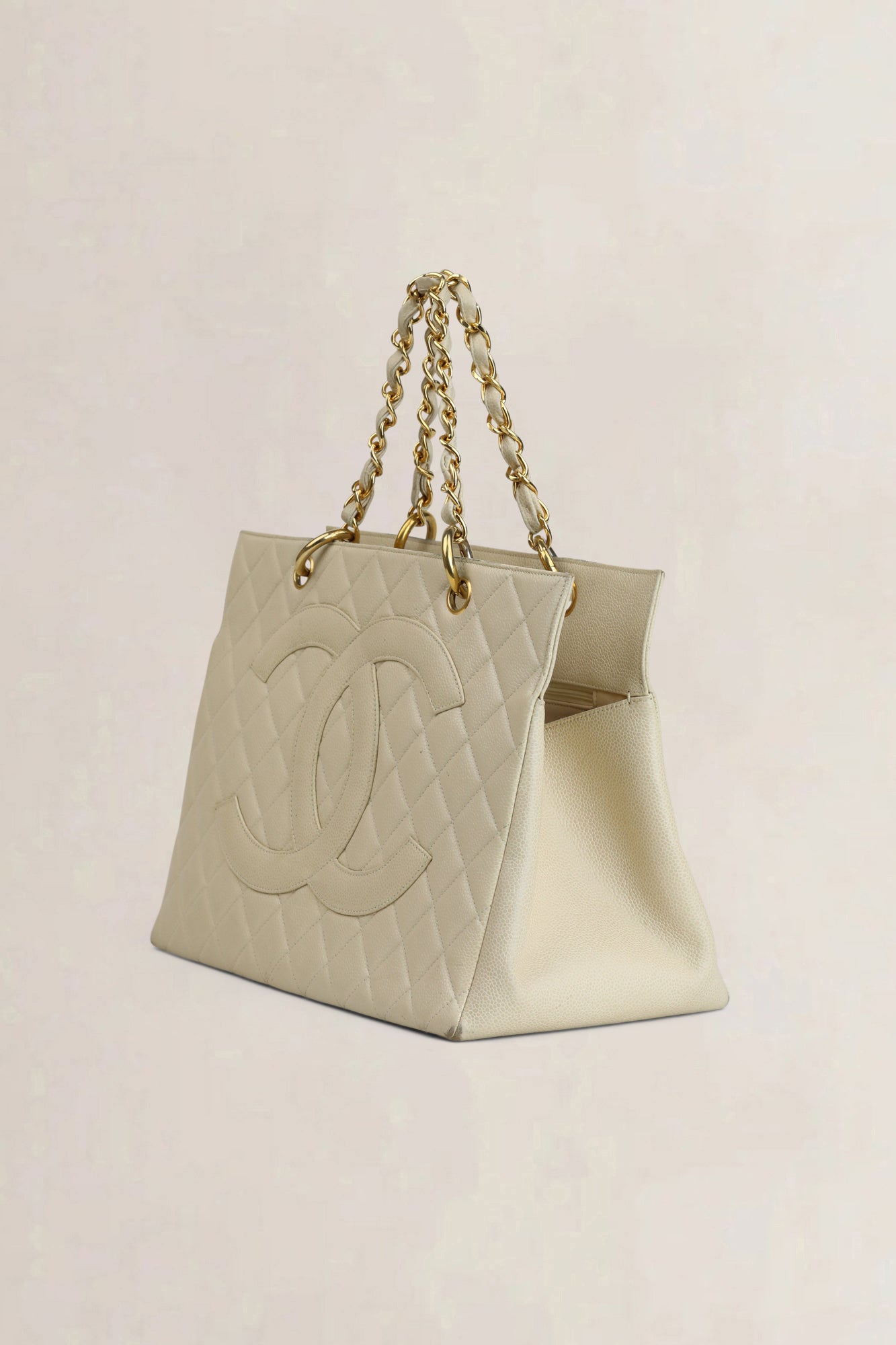 Chanel Cream Quilted Caviar Leather Shopping Tote Bag