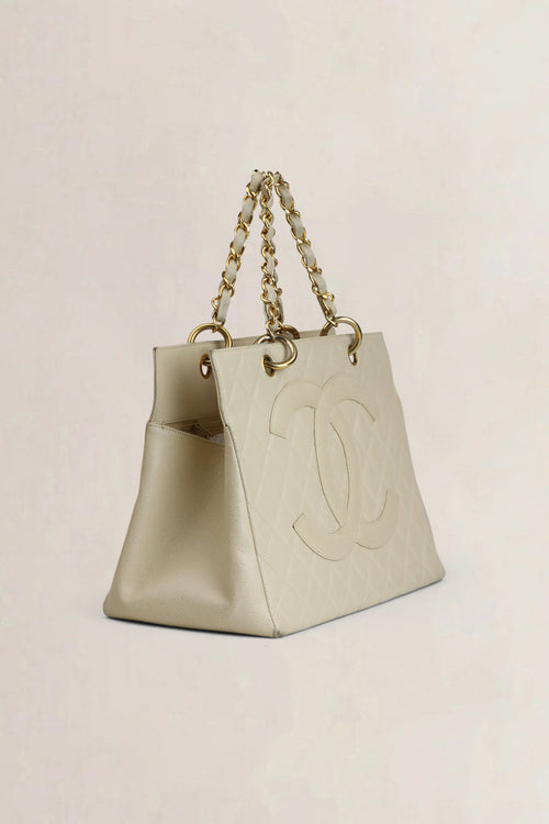 Chanel Cream Quilted Caviar Leather Shopping Tote Bag