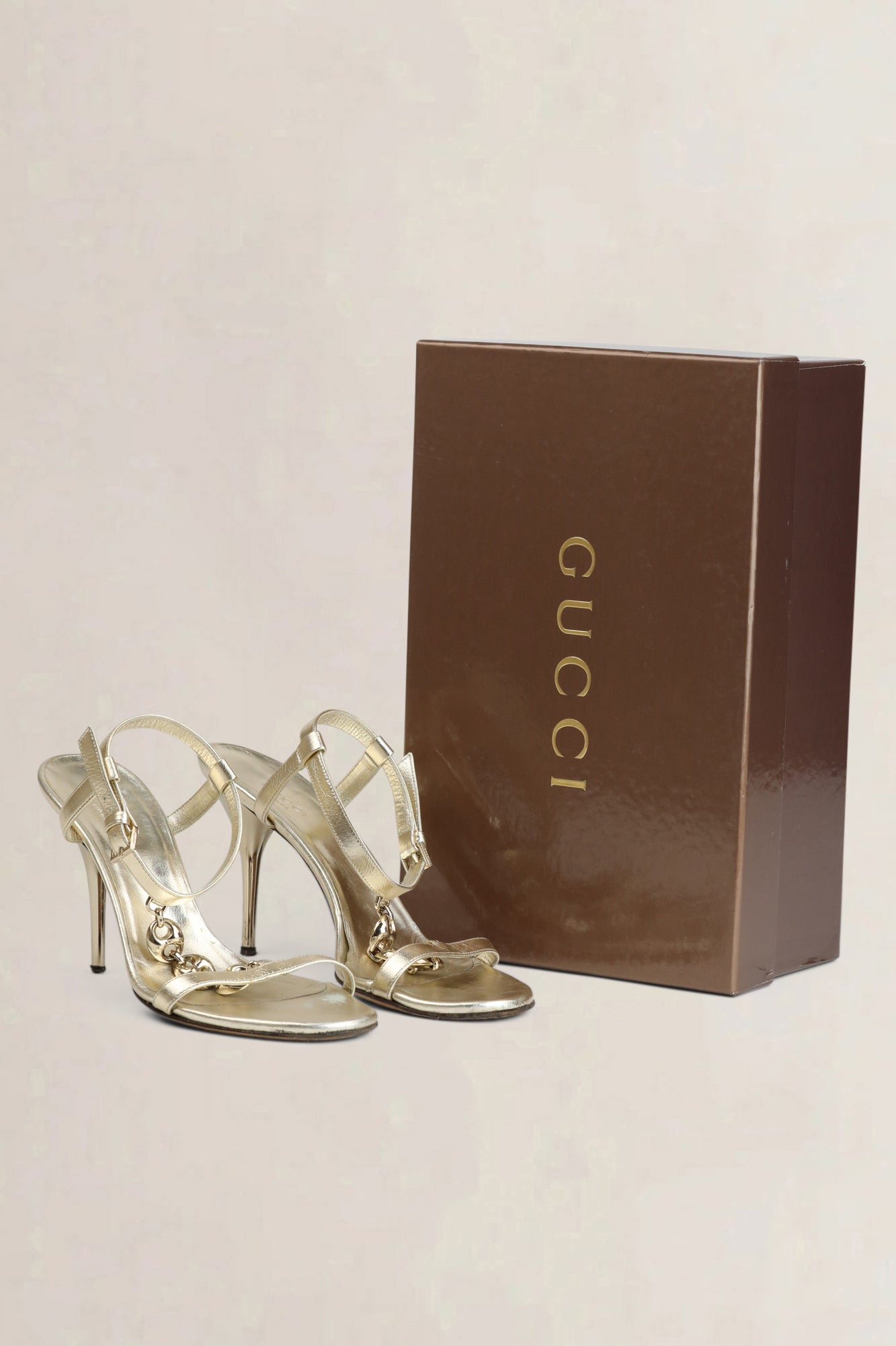 Gucci Gold Leather Buckle Open Toe Ankle Strap Heels