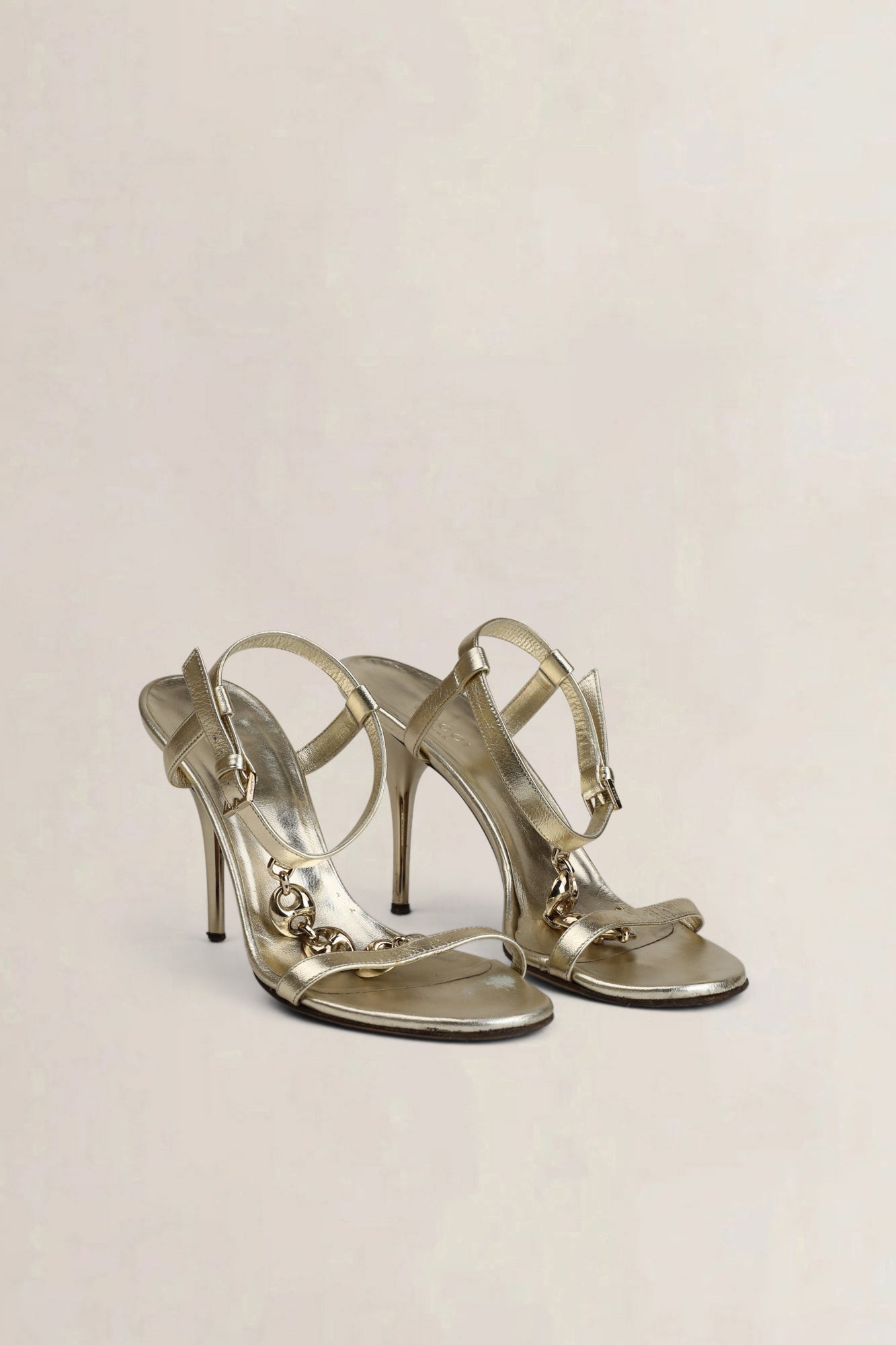 Gucci Gold Leather Buckle Open Toe Ankle Strap Heels