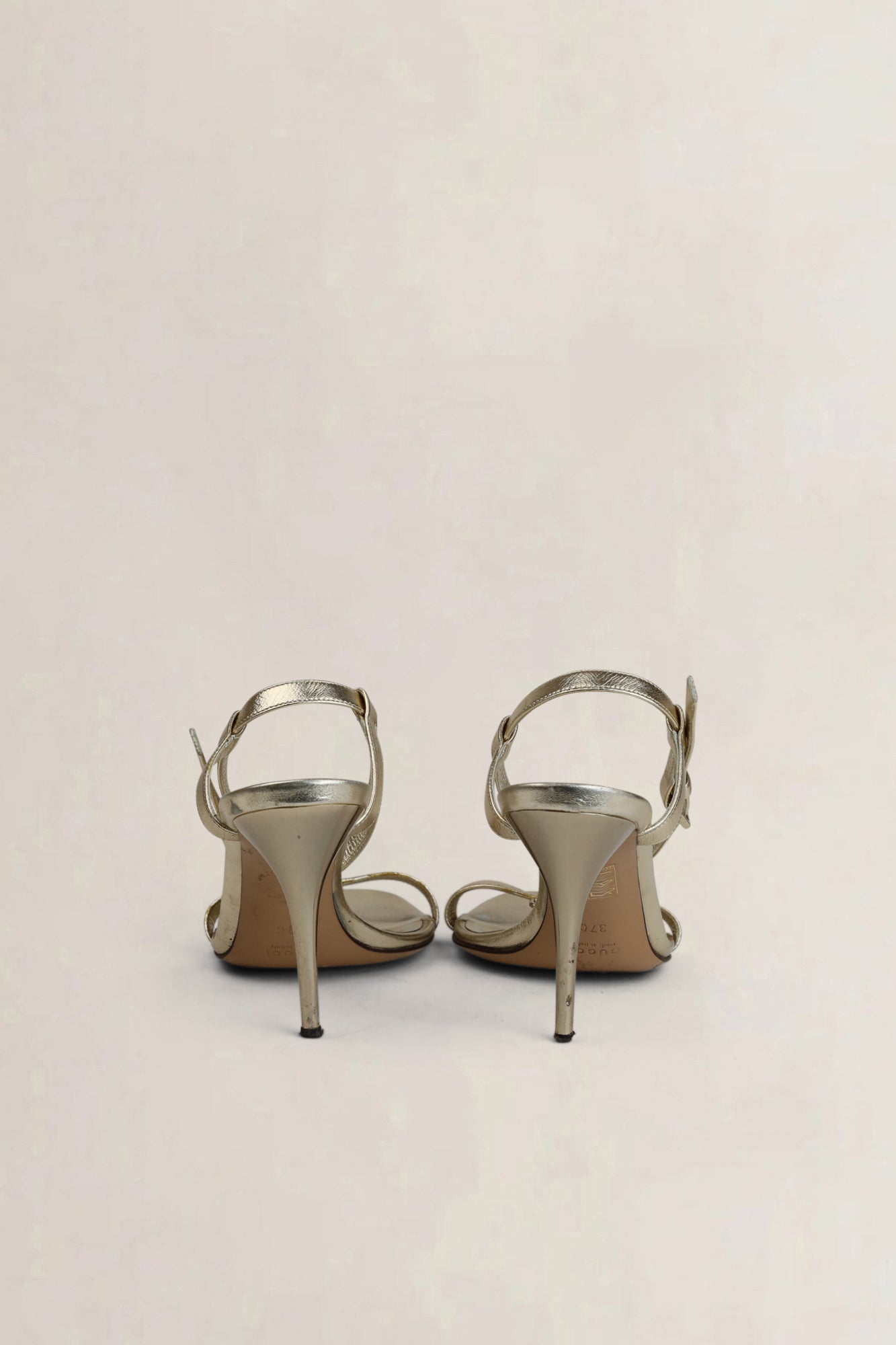 Gucci Gold Leather Buckle Open Toe Ankle Strap Heels