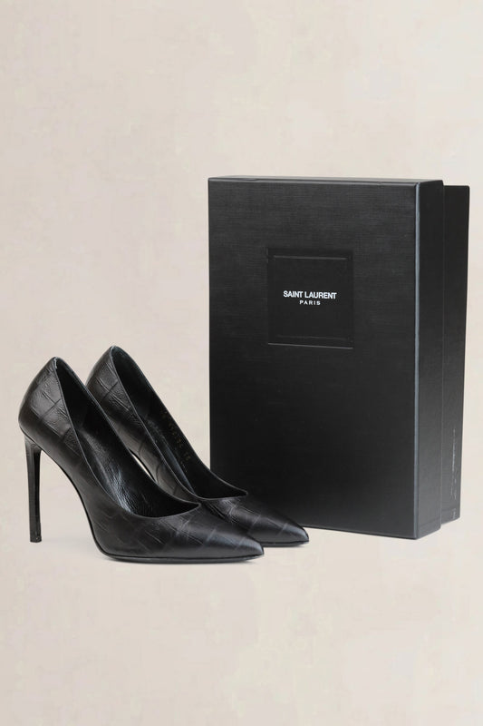 Saint Laurent Black Calfskin Crocodile Embossed Pumps