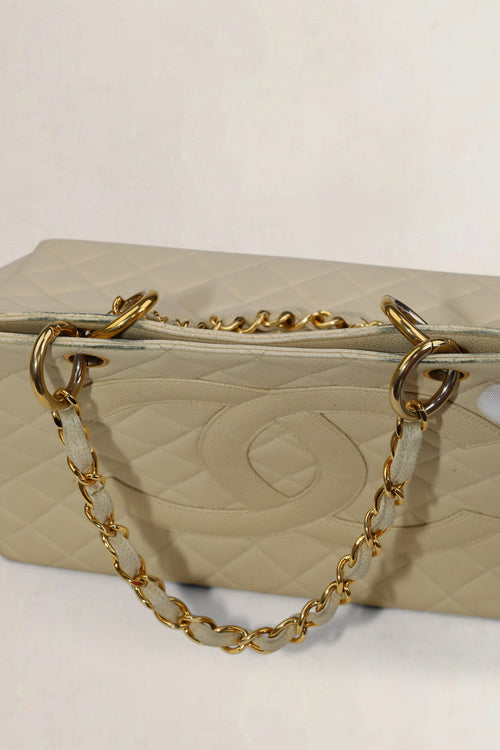 Chanel Cream Quilted Caviar Leather Shopping Tote Bag