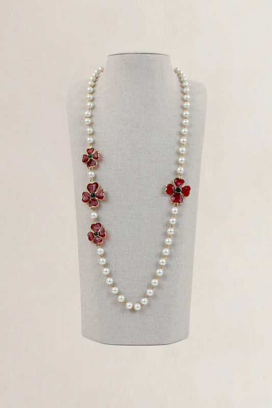 Red Flower Pearl Glass Necklace