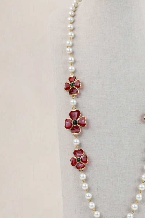Red Flower Pearl Glass Necklace