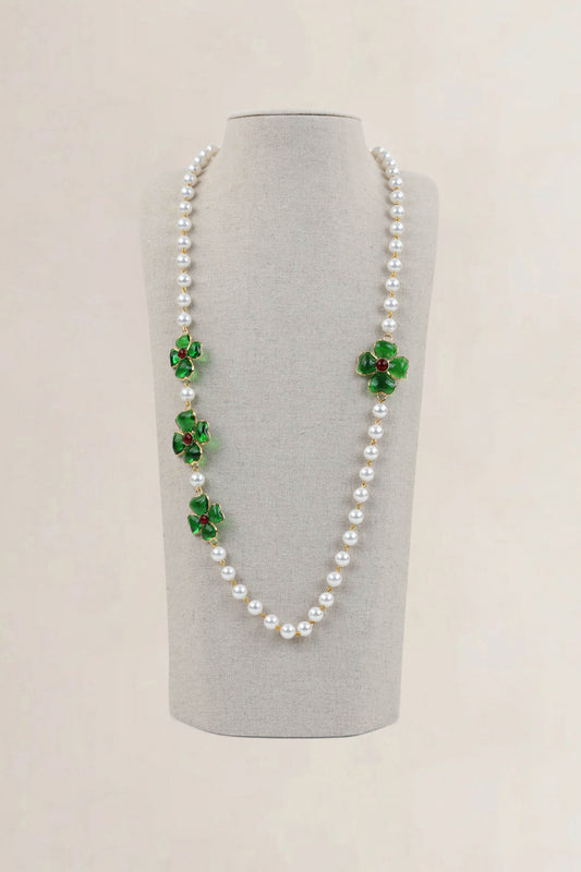 Green Flower Pearl Glass Necklace