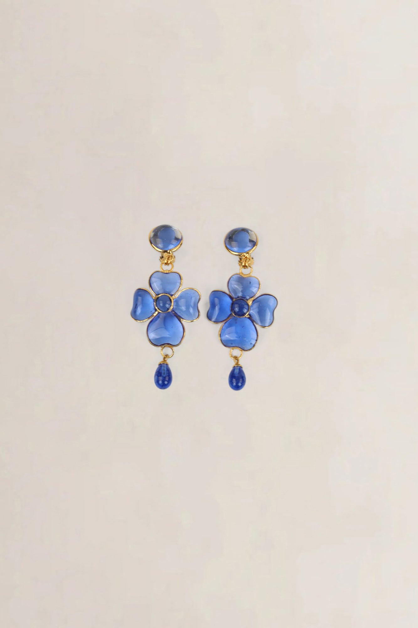 Blue Poured Glass Flower Clip-On Earrings