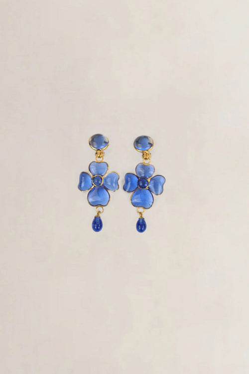 Blue Poured Glass Flower Clip-On Earrings
