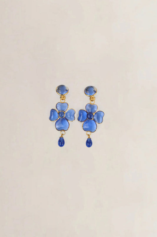 Blue Poured Glass Flower Clip-On Earrings