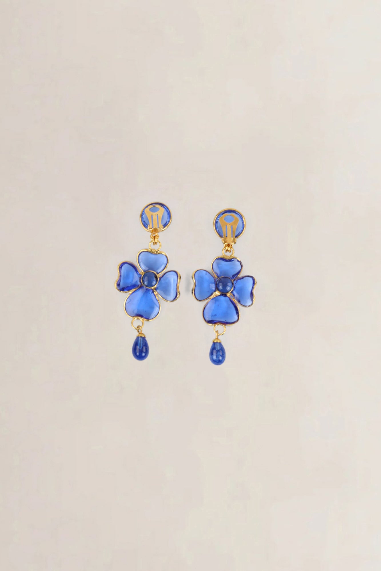 Blue Poured Glass Flower Clip-On Earrings