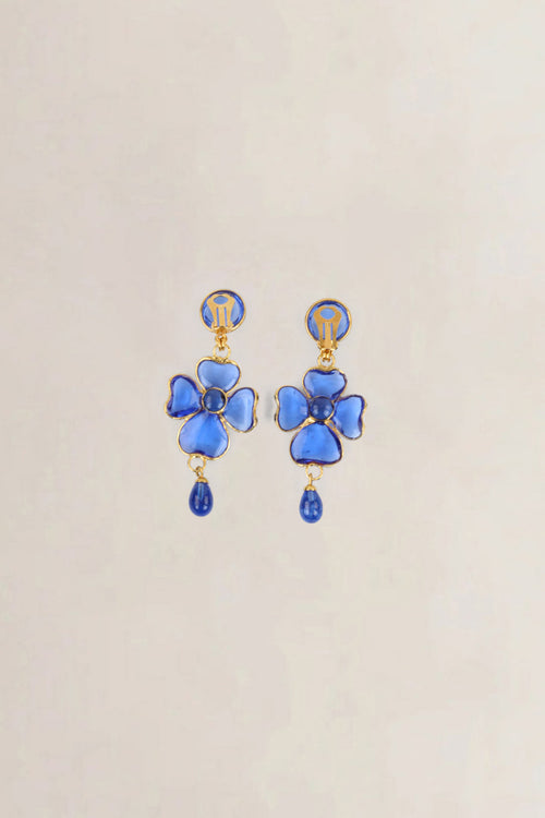 Blue Poured Glass Flower Clip-On Earrings