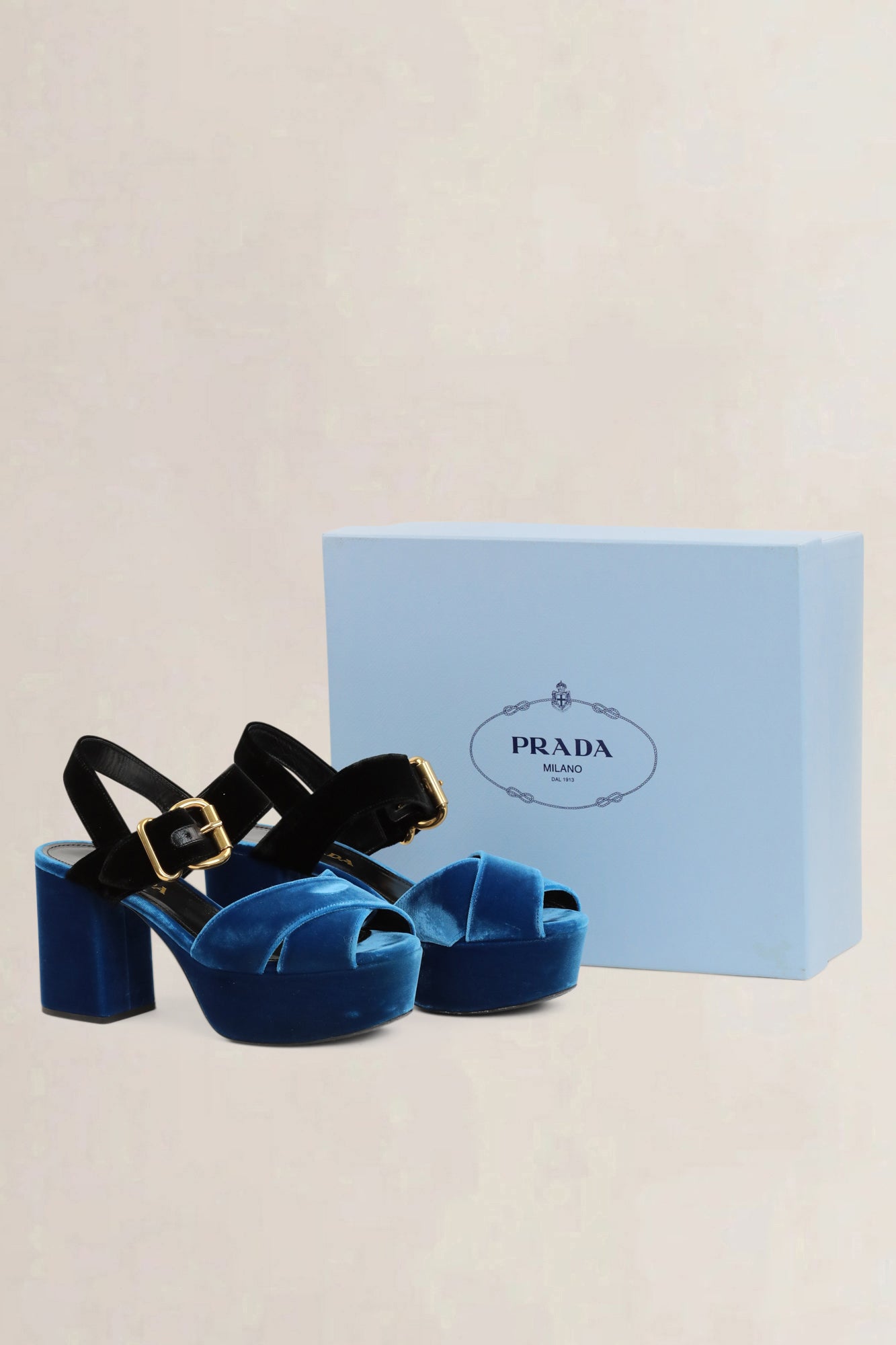 Prada Black/Blue Velvet Platform Sandals