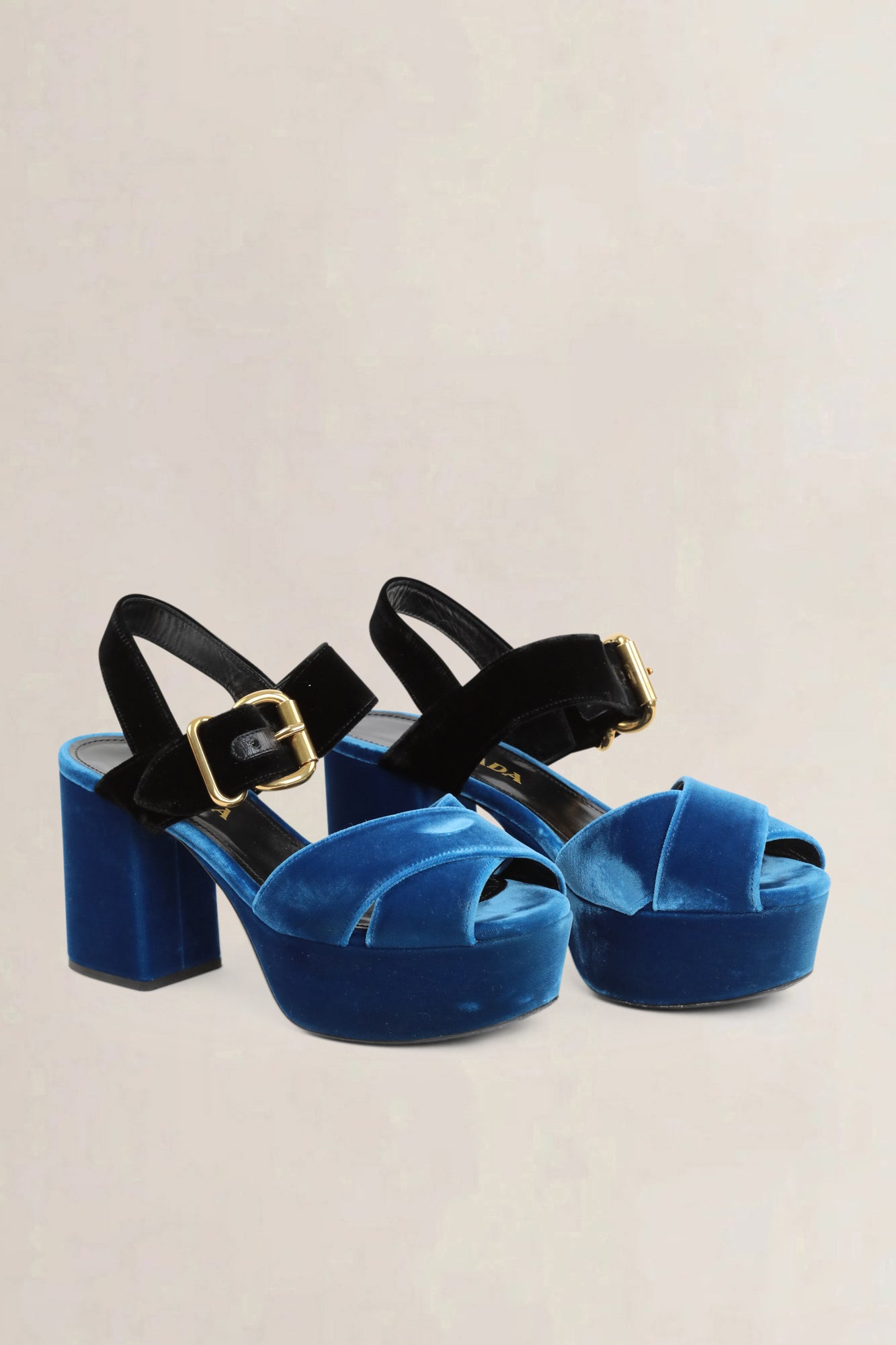 Prada Black/Blue Velvet Platform Sandals