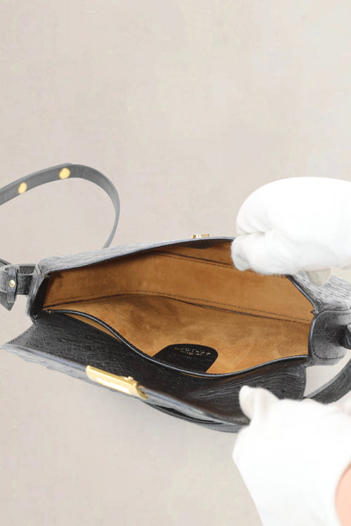 Delvaux Black Amité Ostrich Crossbody Bag