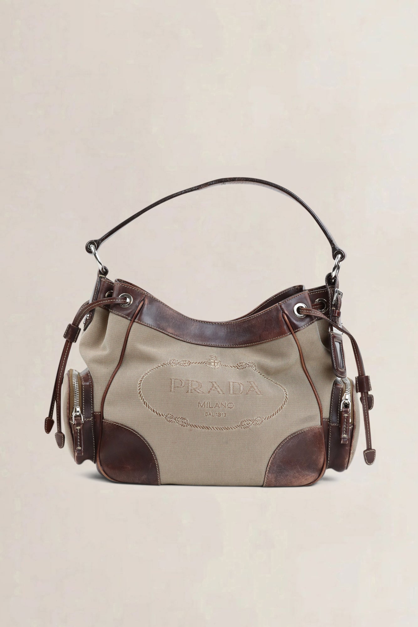 Prada Brown/Beige Logo Jacquard Canapa Shoulder Bag