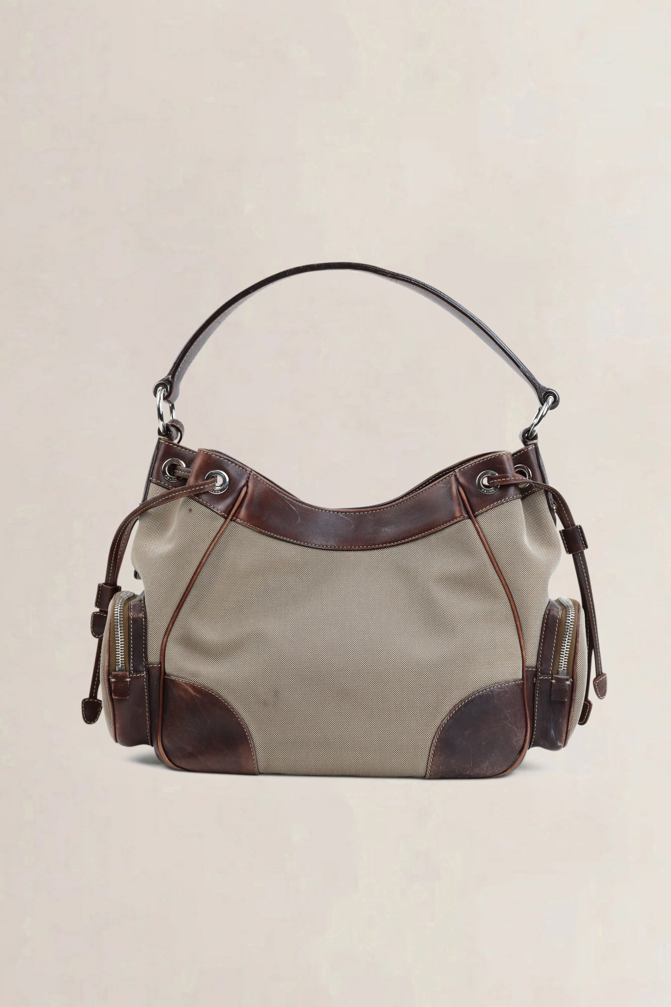 Prada Brown/Beige Logo Jacquard Canapa Shoulder Bag