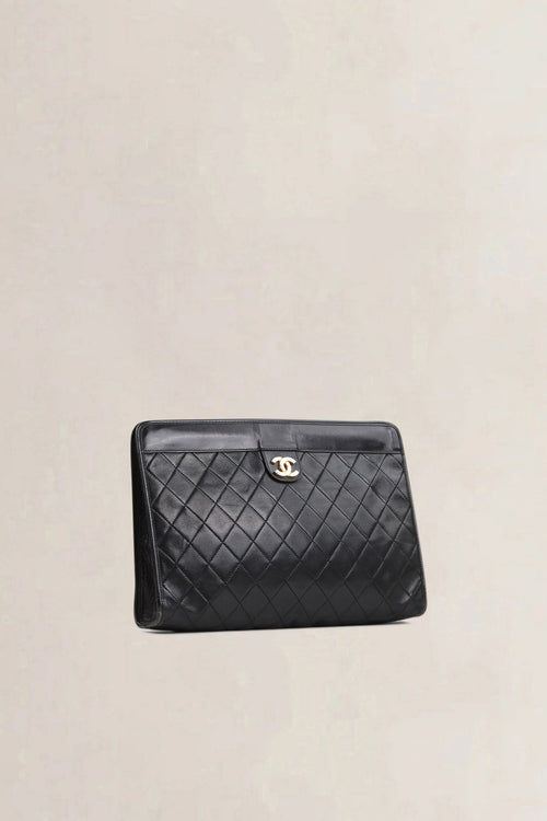 Chanel Black Matelasse Quilted Lambskin 24K Gold Plated Clutch
