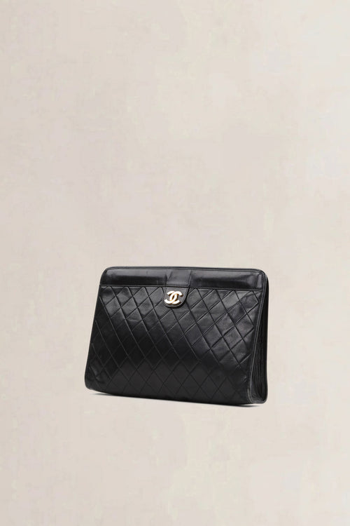 Chanel Black Matelasse Quilted Lambskin 24K Gold Plated Clutch
