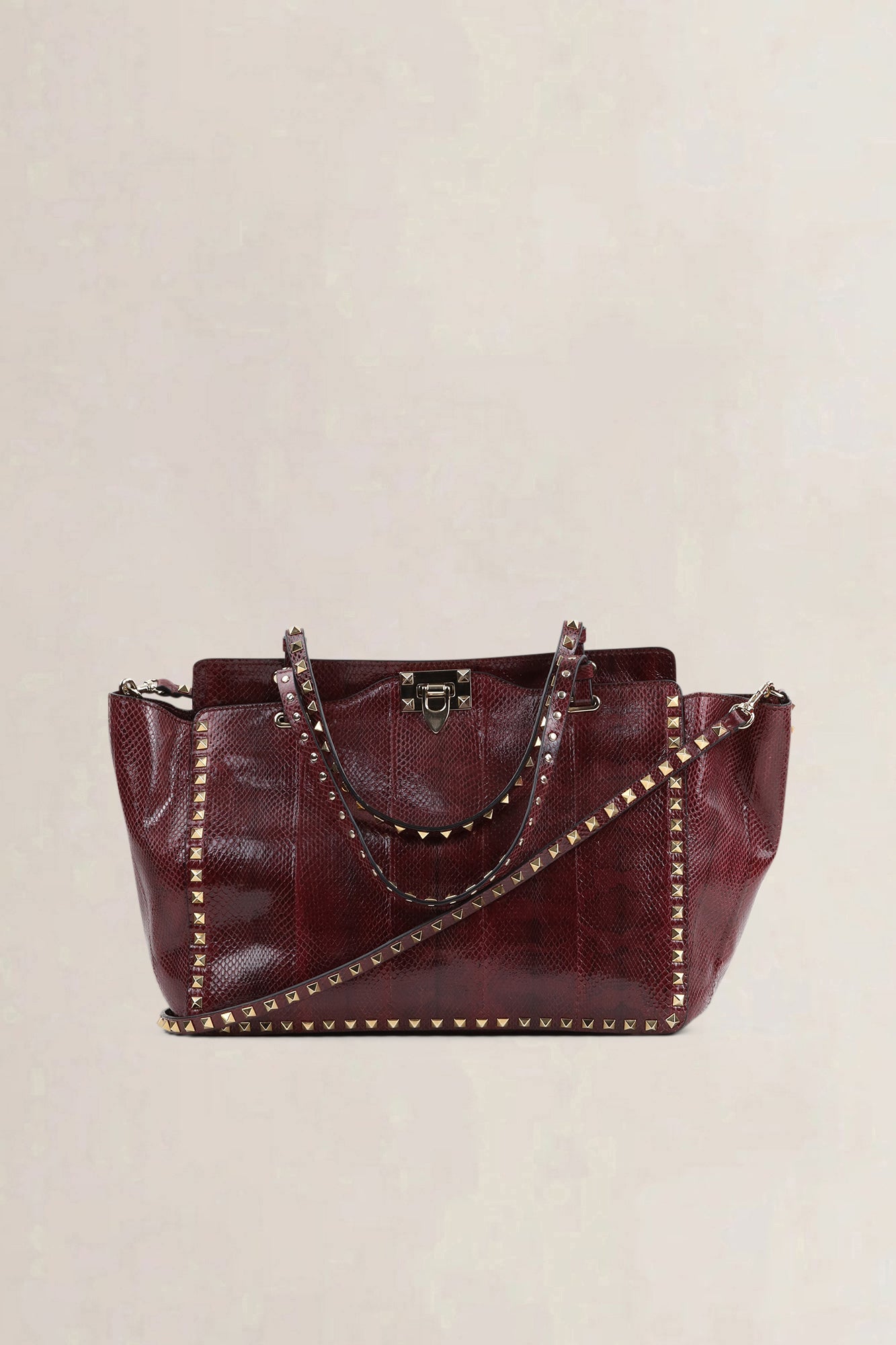 Valentino Garavani Burgundy Python Rockstud Shopping Bag