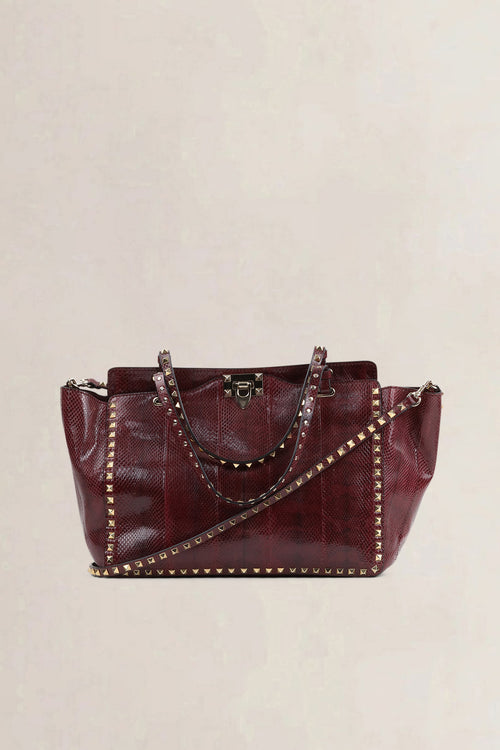 Valentino Garavani Burgundy Python Rockstud Shopping Bag