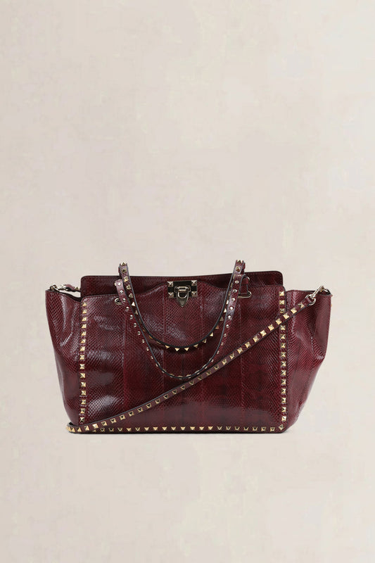Valentino Garavani Burgundy Python Rockstud Shopping Bag