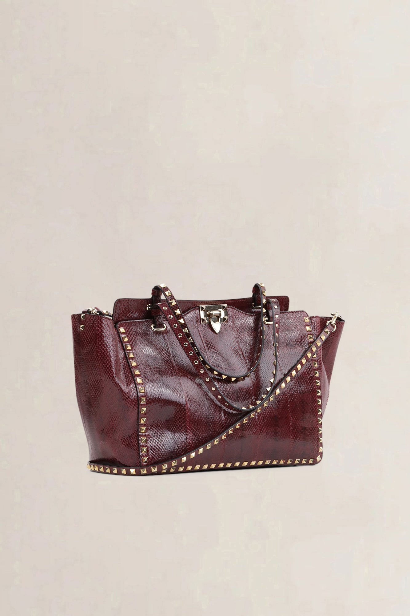 Valentino Garavani Burgundy Python Rockstud Shopping Bag