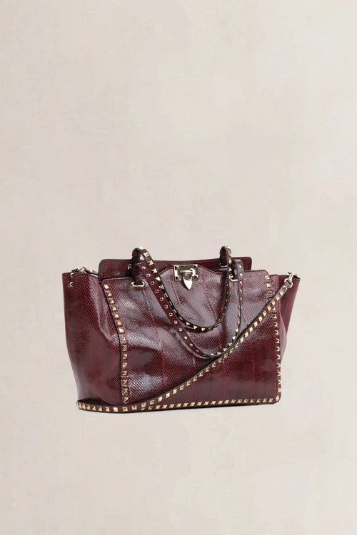 Valentino Garavani Burgundy Python Rockstud Shopping Bag