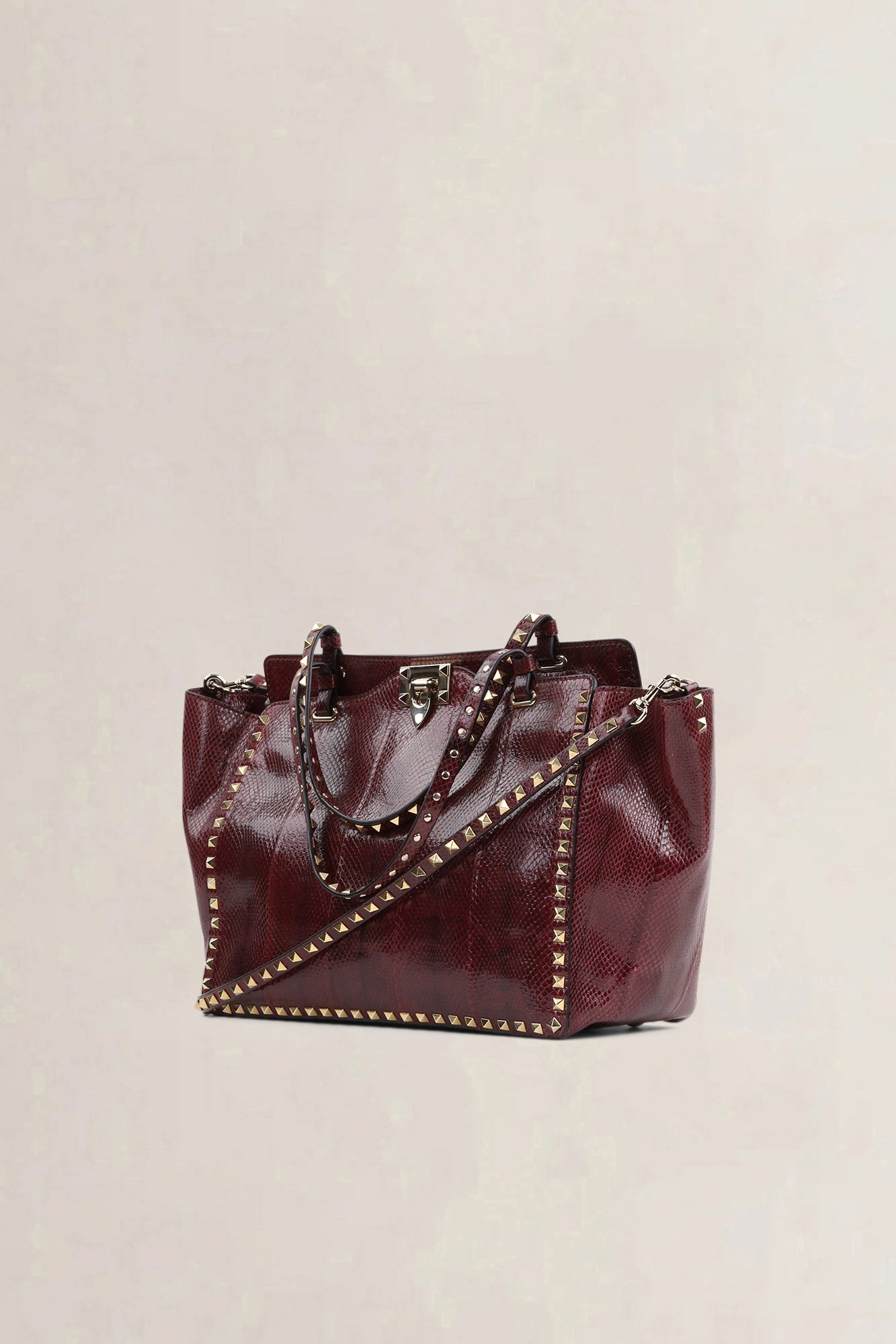 Valentino Garavani Burgundy Python Rockstud Shopping Bag