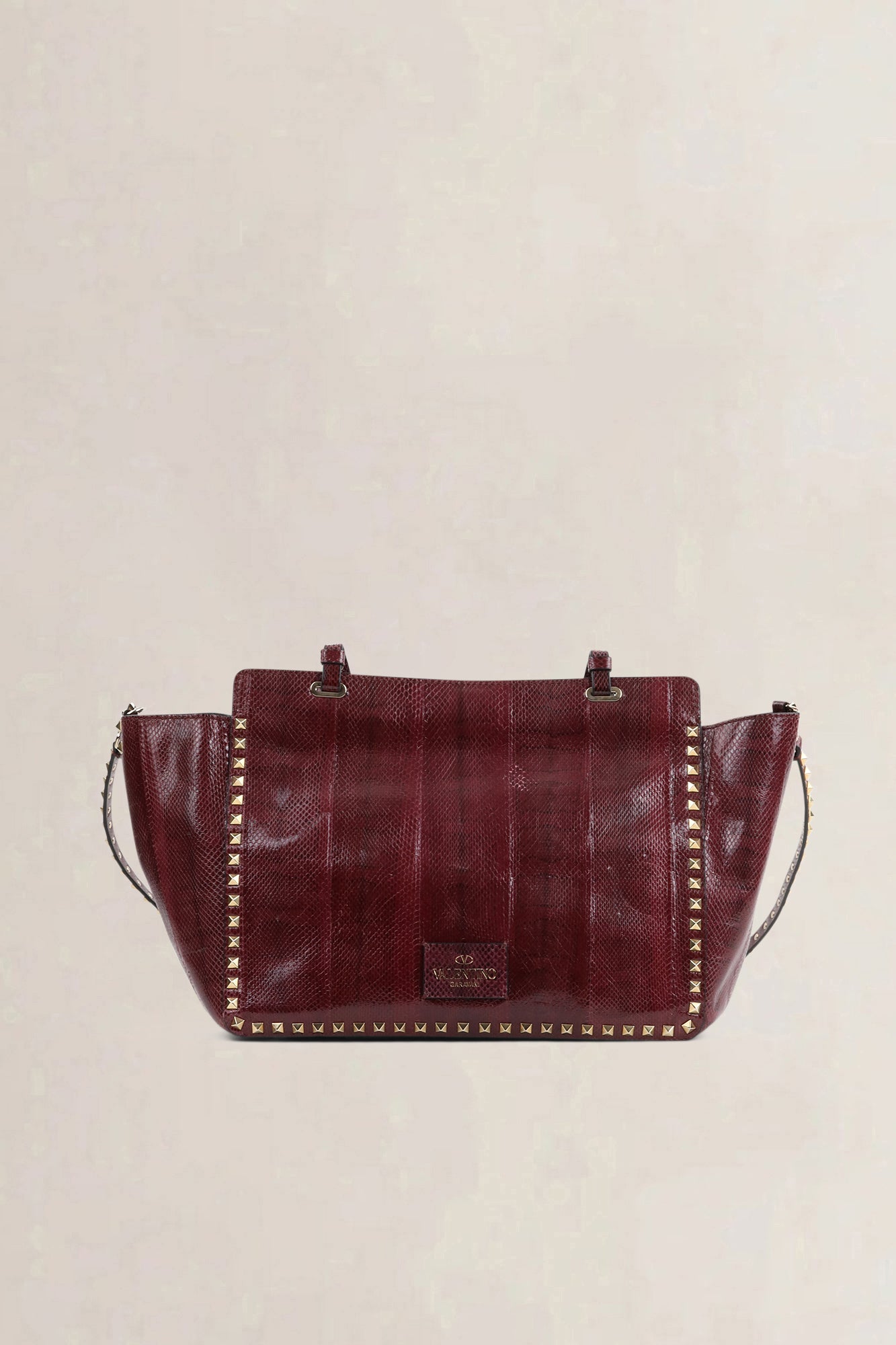 Valentino Garavani Burgundy Python Rockstud Shopping Bag