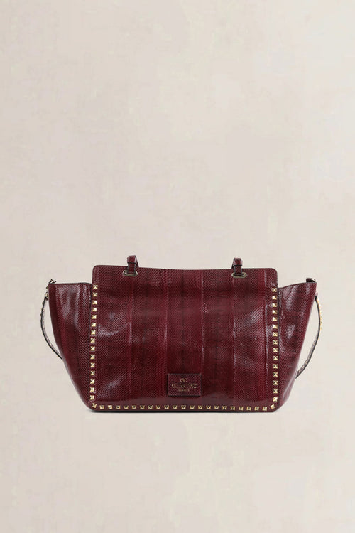 Valentino Garavani Burgundy Python Rockstud Shopping Bag