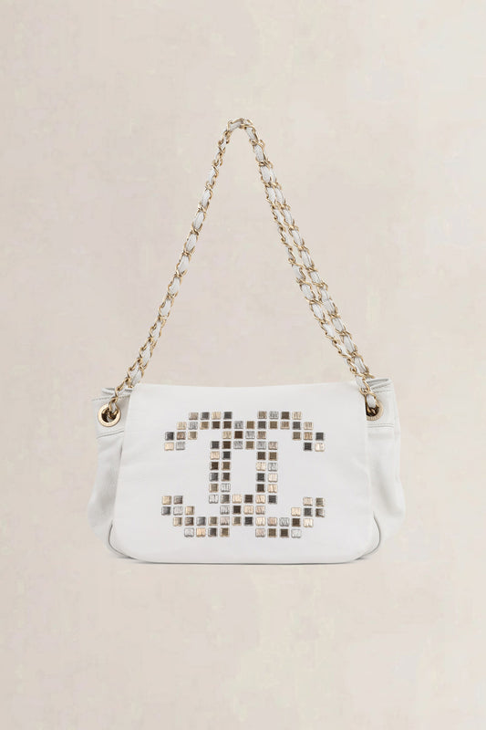 Chanel White Mosaic Studs Acordion Flap Bag