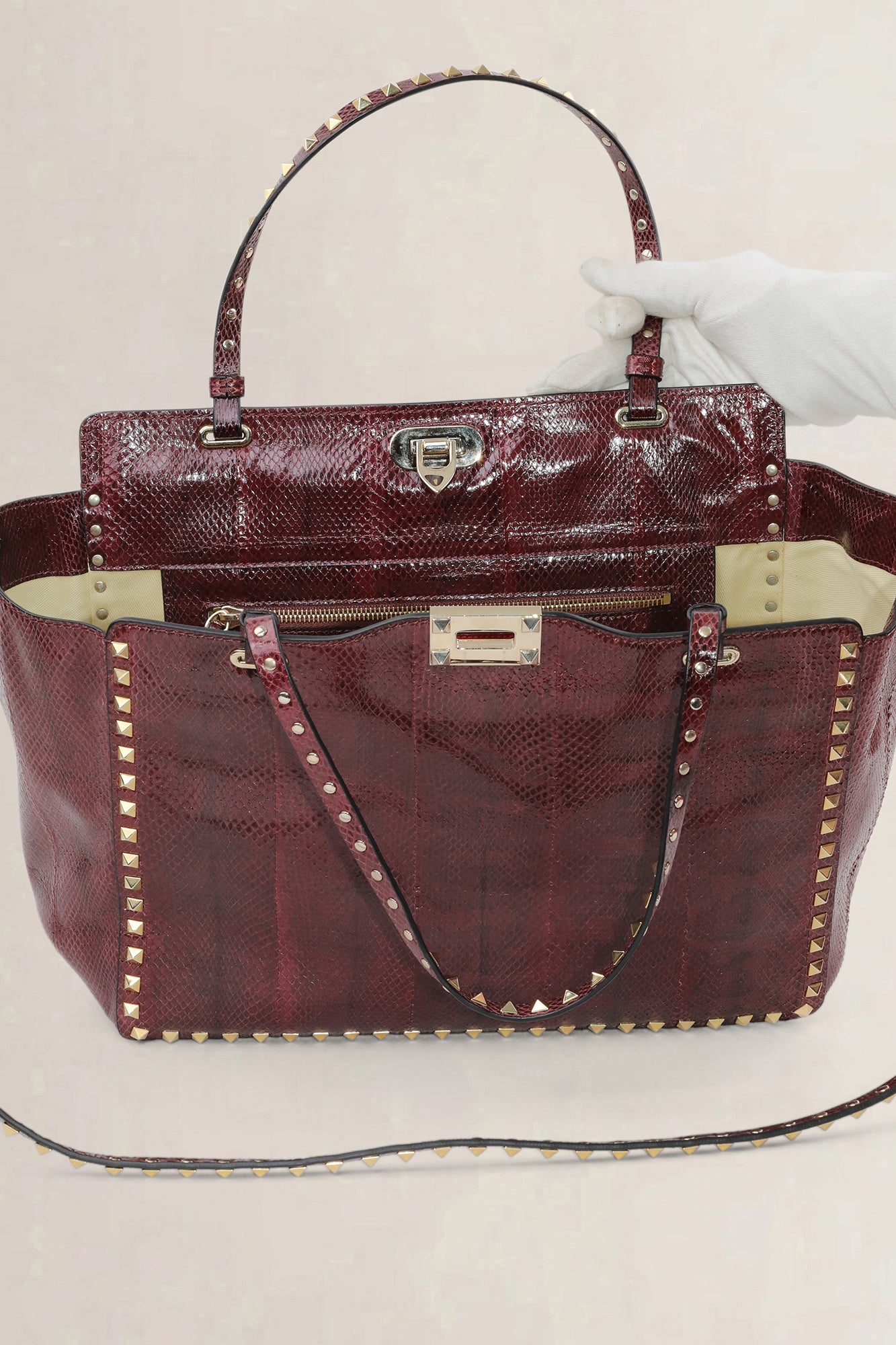 Valentino Garavani Burgundy Python Rockstud Shopping Bag