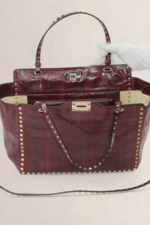 Valentino Garavani Burgundy Python Rockstud Shopping Bag