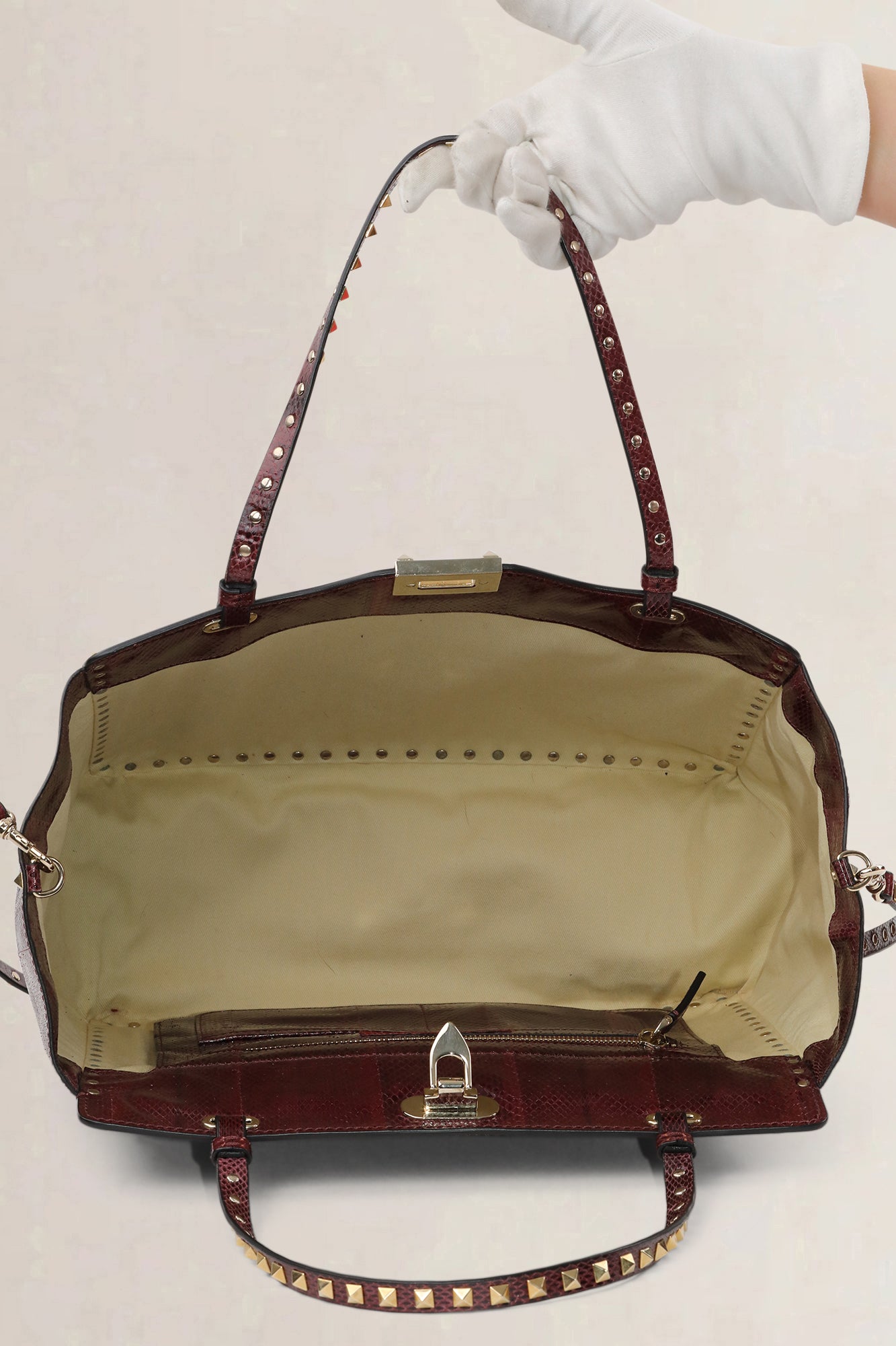 Valentino Garavani Burgundy Python Rockstud Shopping Bag