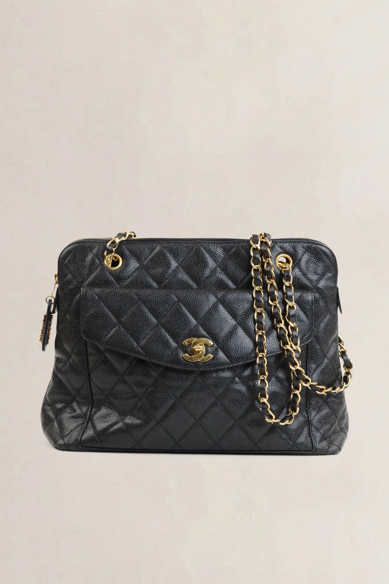 Chanel Black Qaviar Quilted Flap Shoulder Bag