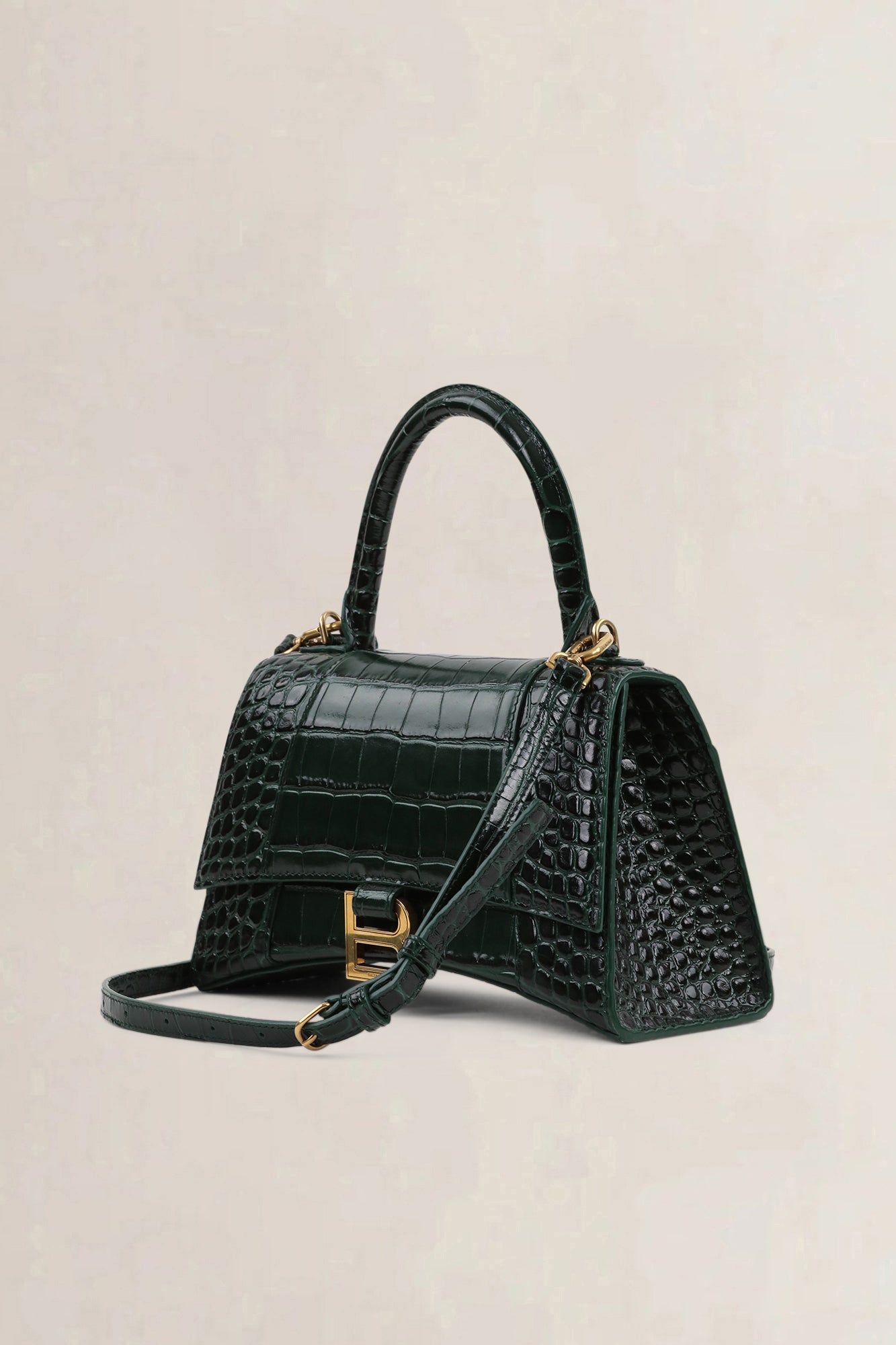 Balenciaga Forest Green Croccodile Embossed Hourglass S Crossbody Bag