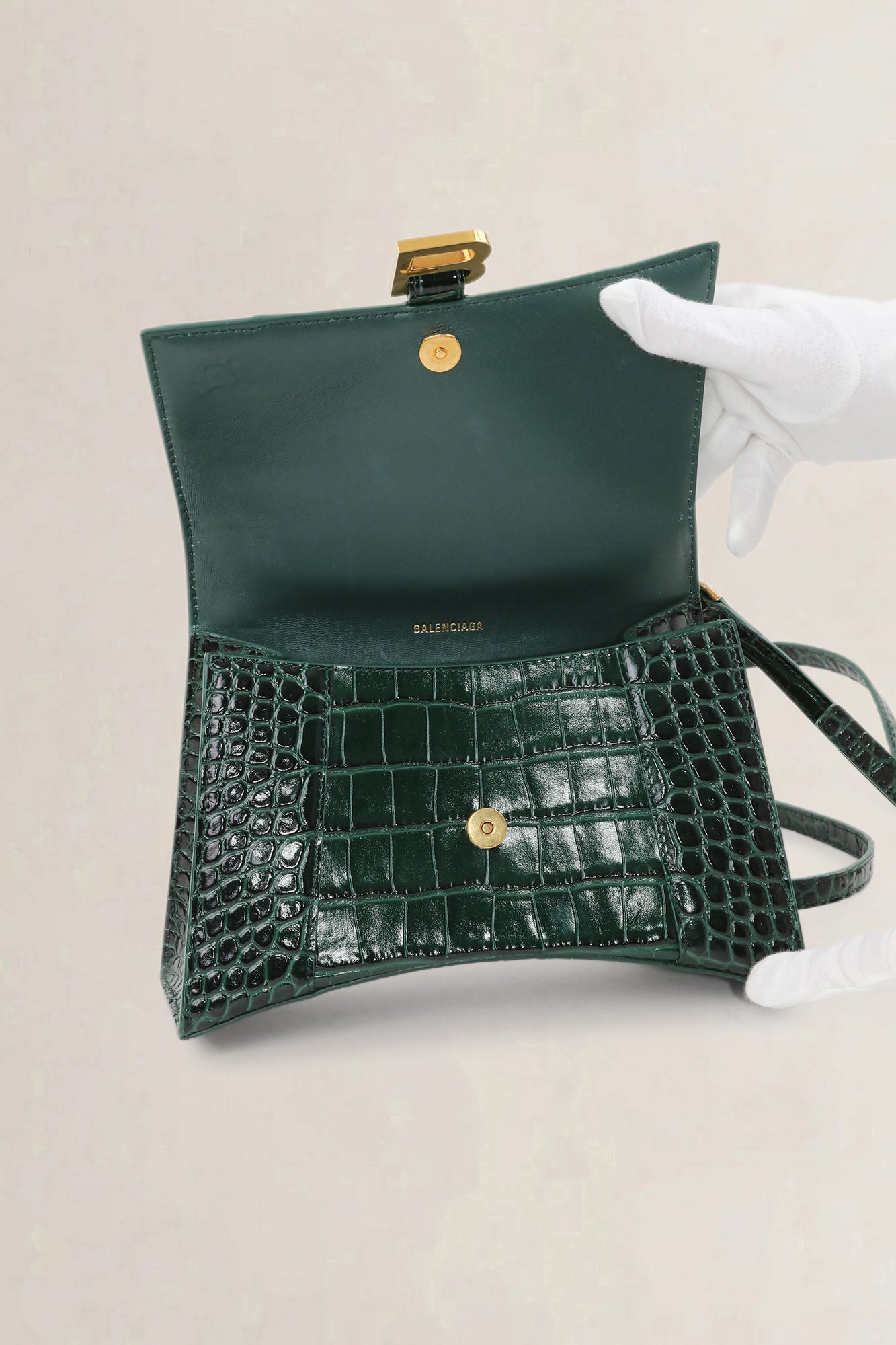 Balenciaga Forest Green Croccodile Embossed Hourglass S Crossbody Bag