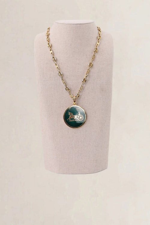 Céline Green Vintage Carriage Pendant Necklace