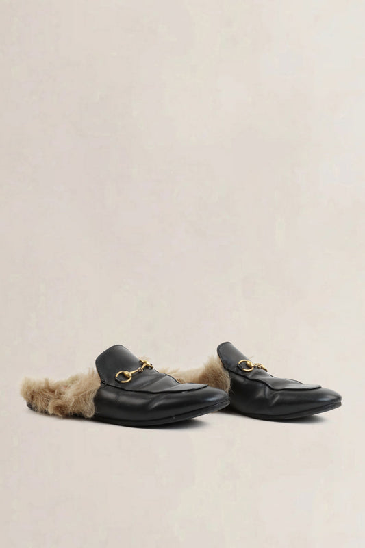 Gucci Black Shearling Princetown Flats