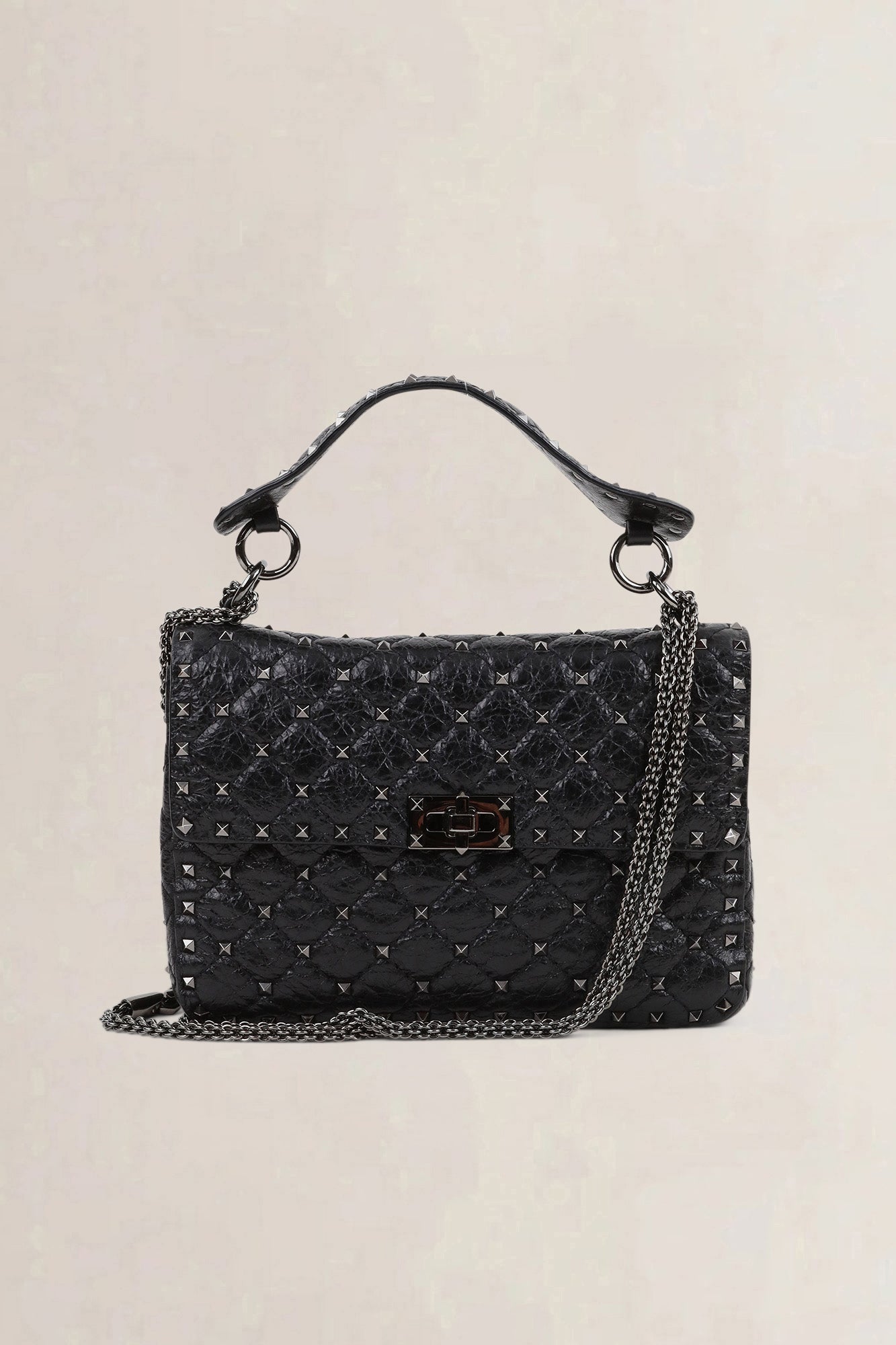 Valentino Garavani Black Rockstud Crinkled Quilted Leather Crossbody Bag