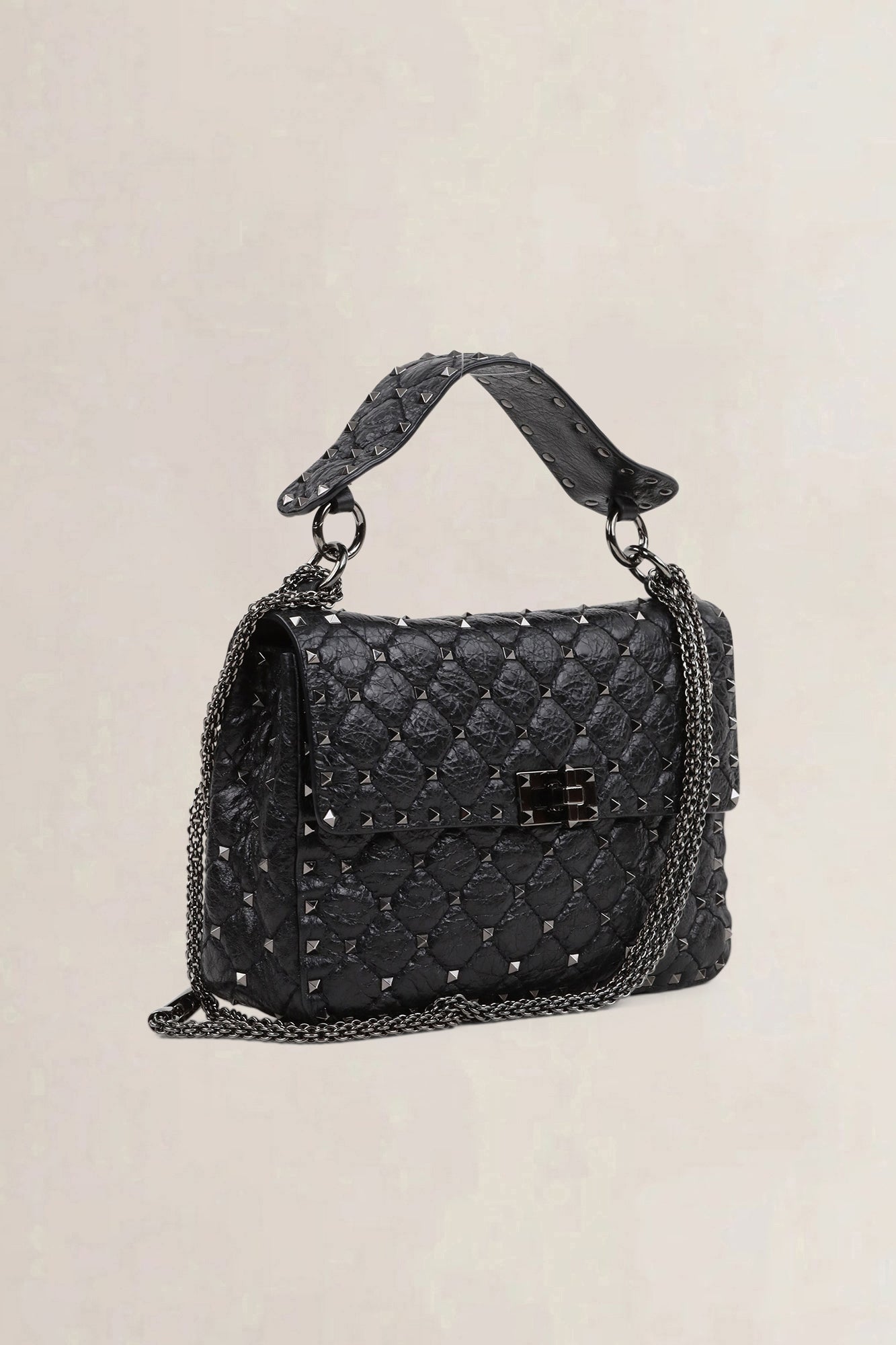 Valentino Garavani Black Rockstud Crinkled Quilted Leather Crossbody Bag