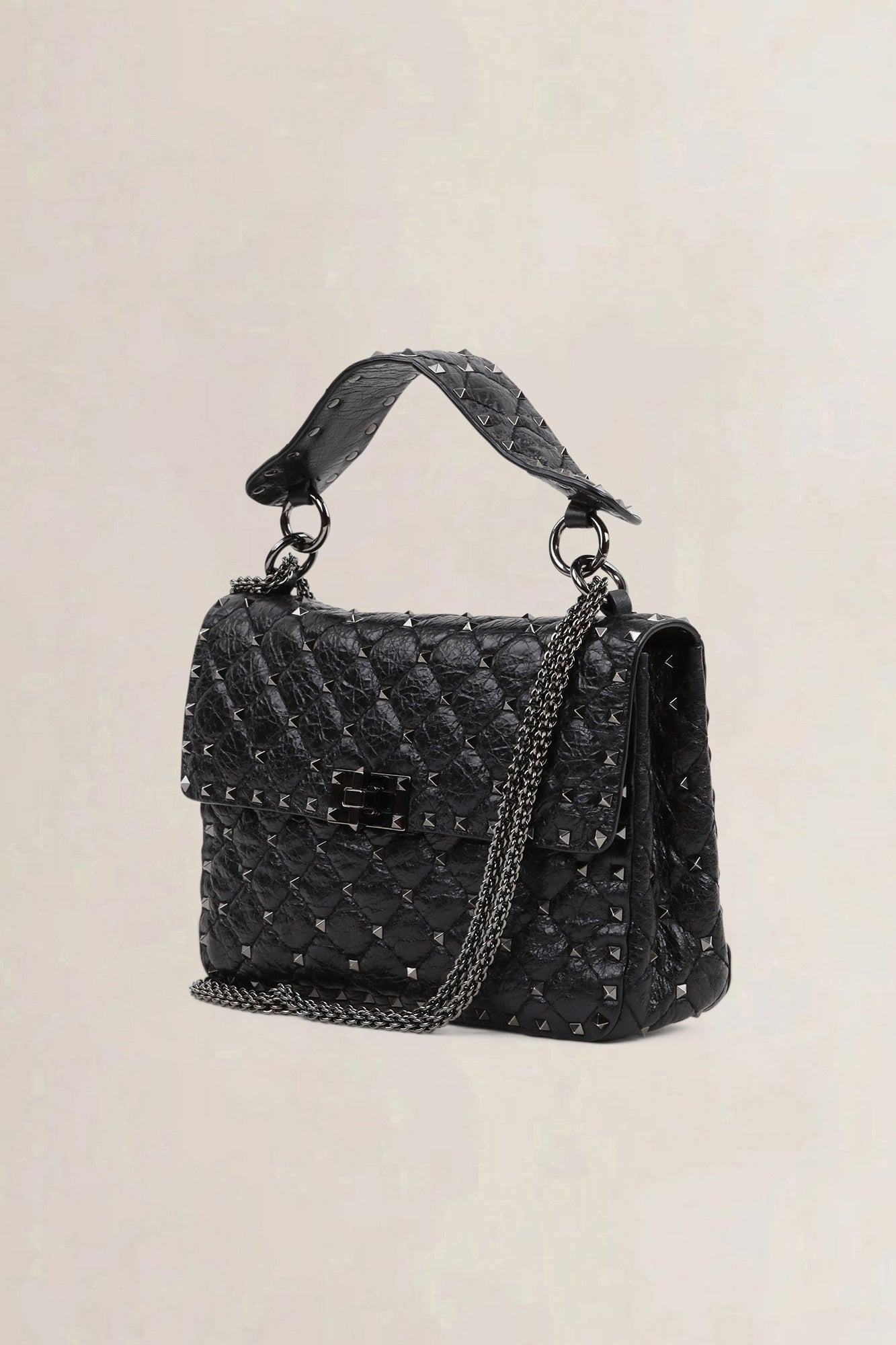 Valentino Garavani Black Rockstud Crinkled Quilted Leather Crossbody Bag