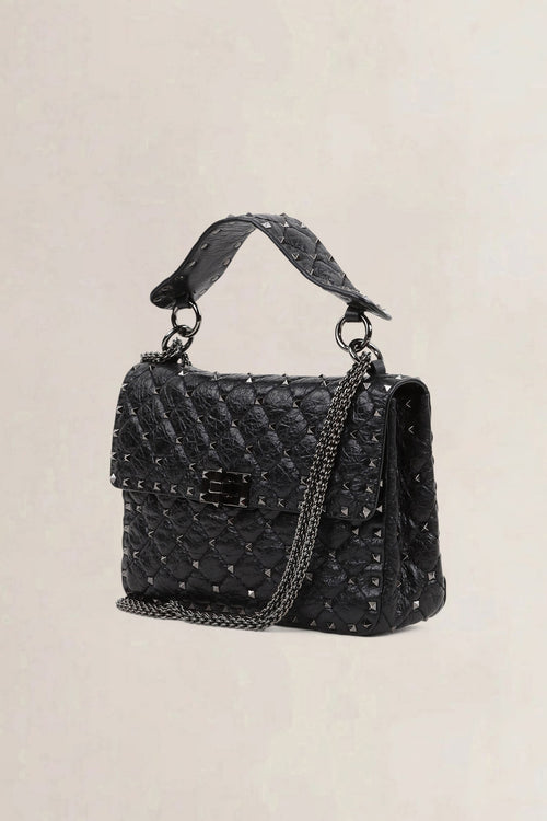 Valentino Garavani Black Rockstud Crinkled Quilted Leather Crossbody Bag