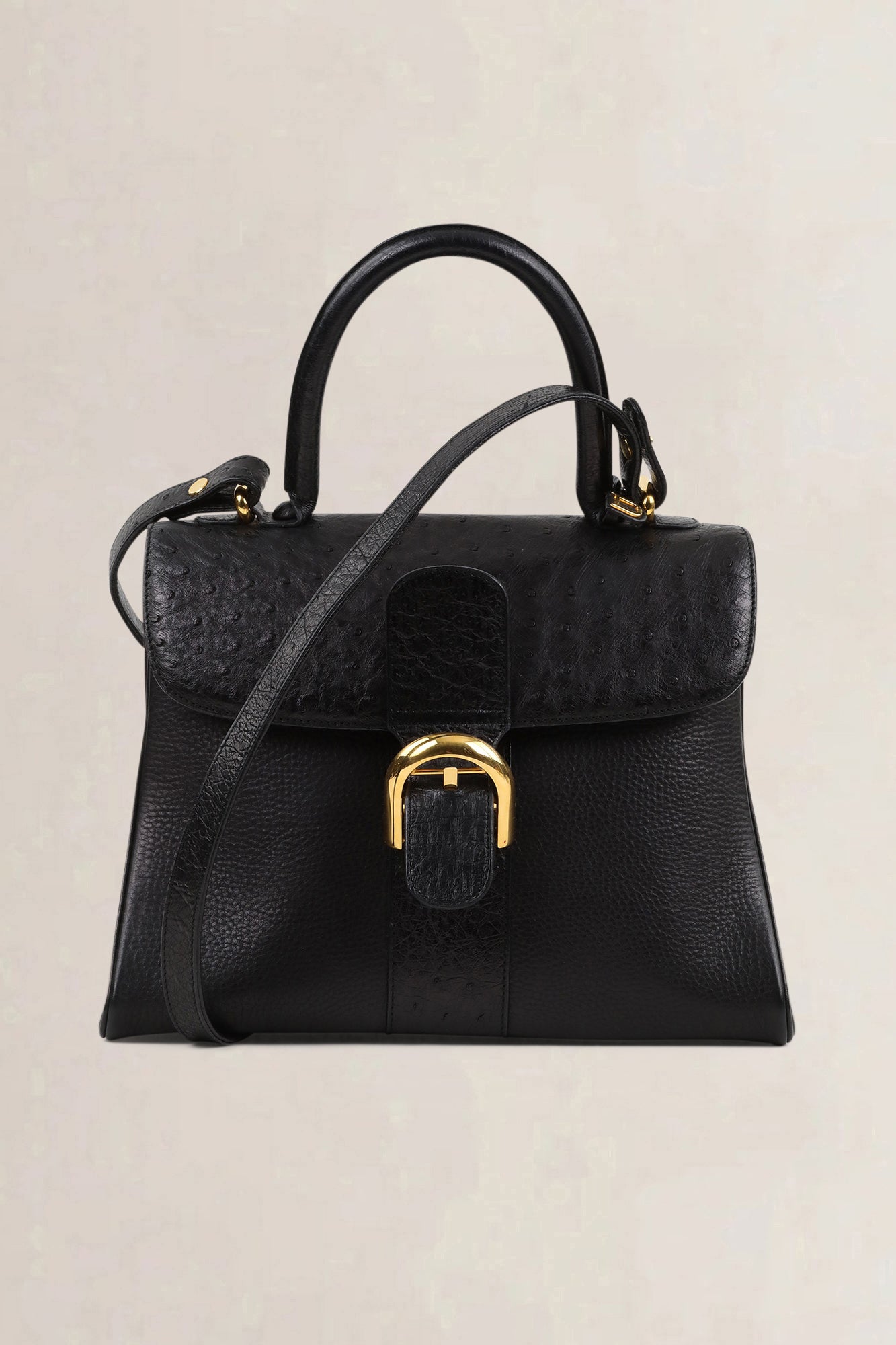 Delvaux Black Ostrich/Leather Delvaux Brillant MM Crossbody Bag