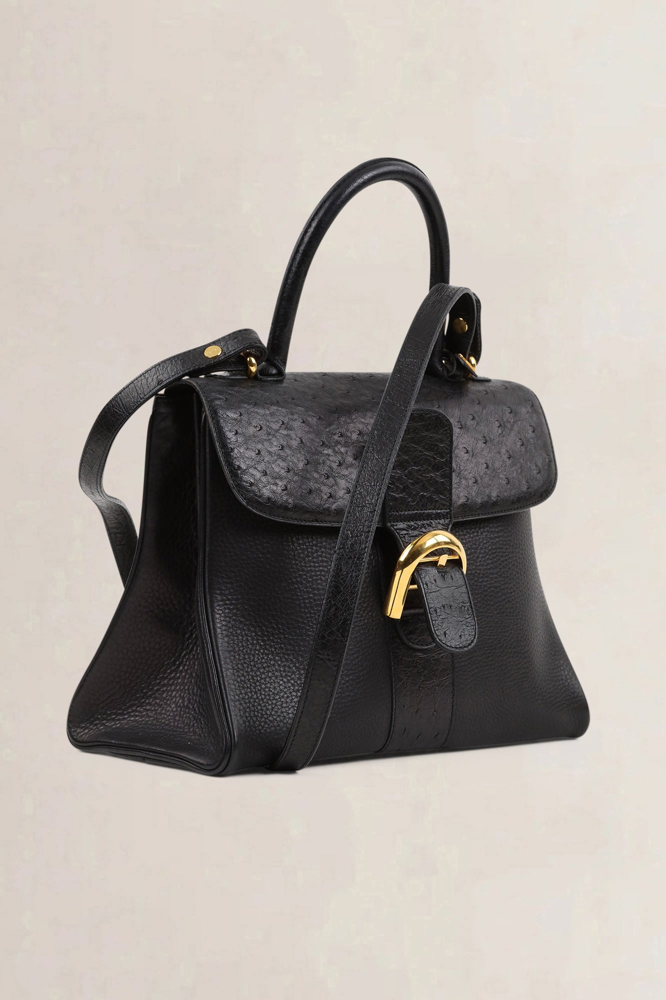 Delvaux Black Ostrich/Leather Delvaux Brillant MM Crossbody Bag