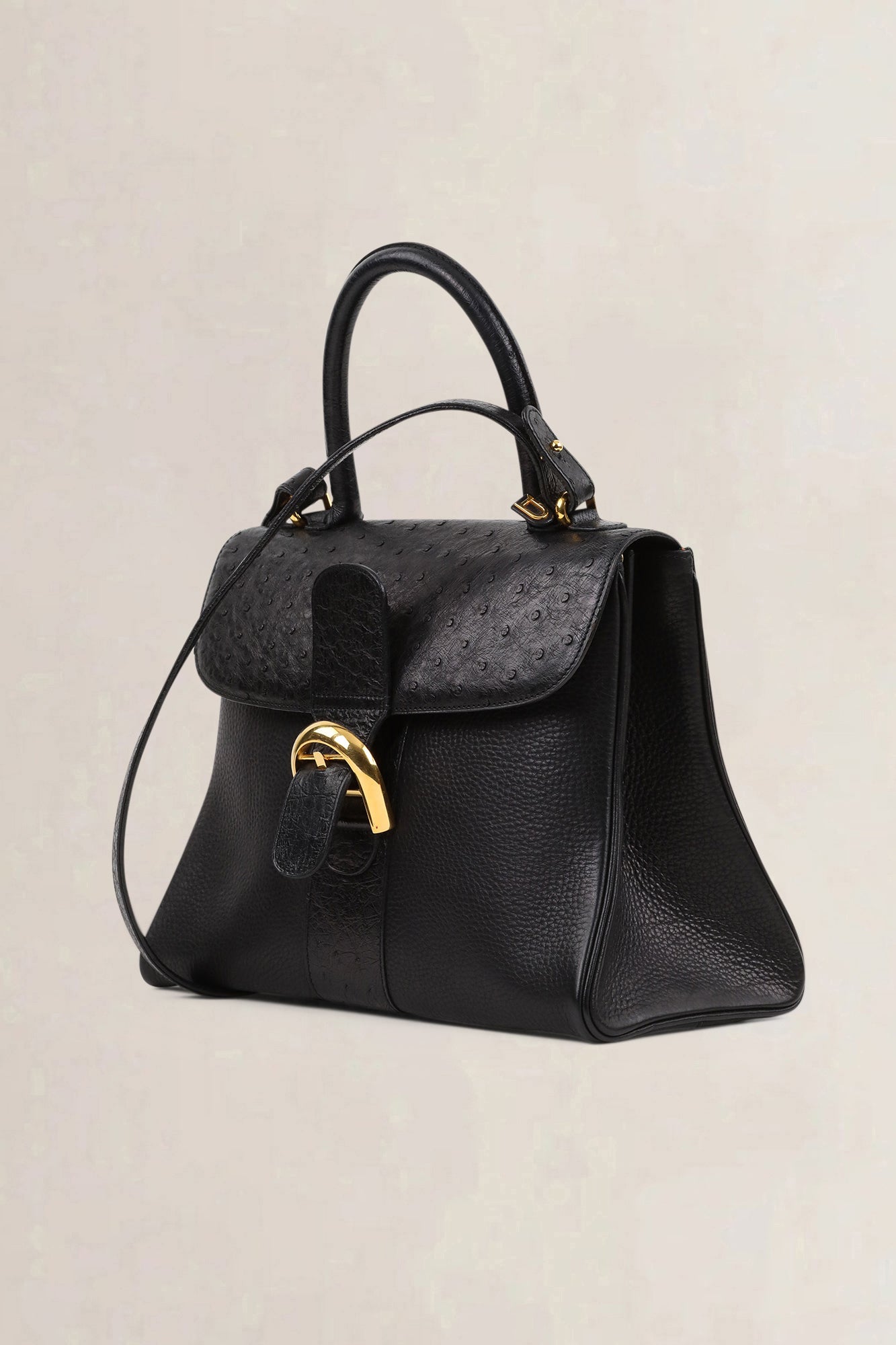 Delvaux Black Ostrich/Leather Delvaux Brillant MM Crossbody Bag